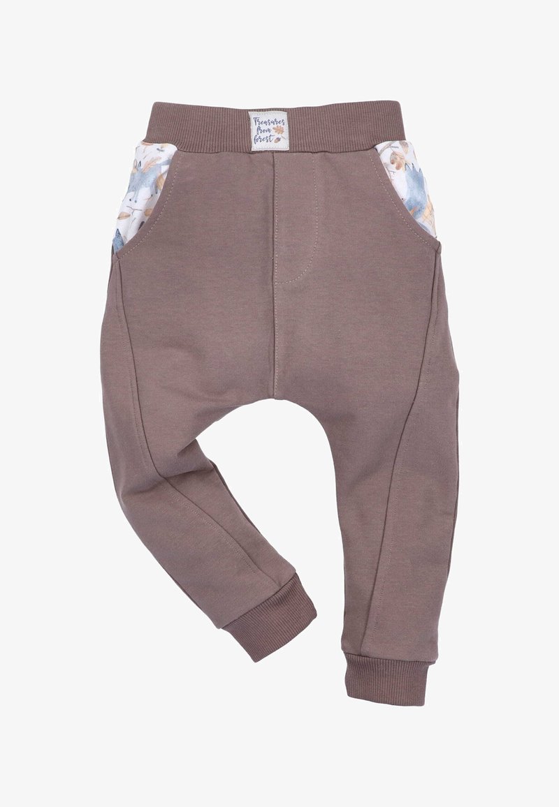 Brune bomuldsblandede bukser med elastisk talje, prydet med mønstrede sidelommer og ribbede ankle cuffs, designet med en afslappet pasform.