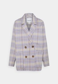 Blazer croisé en flanelle à carreaux violet pastel et beige, avec boutons marron, col cranté et poches plaquées.