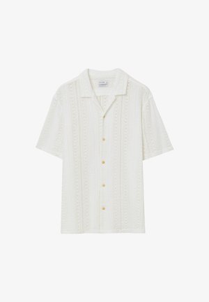 Kurzärmliges, weißes Hemd mit Knöpfen, das ein strukturiertes Strickmuster, zwei Fronttaschen und Messingknöpfe aufweist. Lässiges und atmungsaktives Design.