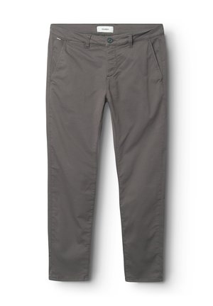 Pantaloni din bumbac gri, cu un design slim fit, având închidere cu buton, bucle pentru curea și buzunare laterale. Textură netedă și detalii de cusătură simple.
