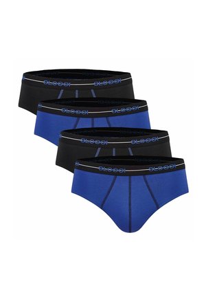 Vier Herren-Slips in abwechselndem Schwarz und Blau, jeweils mit einem schwarzen Bund mit dem Markennamen „Sloggi“ in Blau und Weiß.