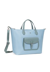 Borsa a tracolla di colore azzurro chiaro con manici blu scuro, tracolla staccabile e tasca con fibbia sul davanti.