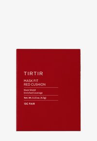 Rood vierkant verpakkingsdoosje voor TIRTIR Mask Fit Red Cushion met witte tekst. Labels bevatten productnaam, beschrijving en gewicht.