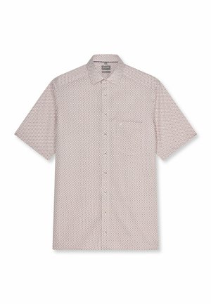 Kortärmlig overhemd met knopen en een klein herhalend geometrisch patroon in gedempte kleuren, met een borstzakje en een klassieke kraag.