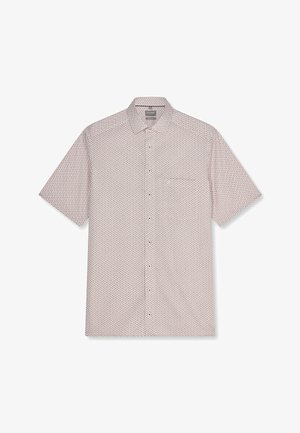 Kortärmlig overhemd met knopen en een klein herhalend geometrisch patroon in gedempte kleuren, met een borstzakje en een klassieke kraag.