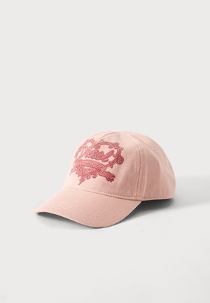 Light pink baseball cap with dark pink embroidered decorative design on the front, shown on a plain light background.
