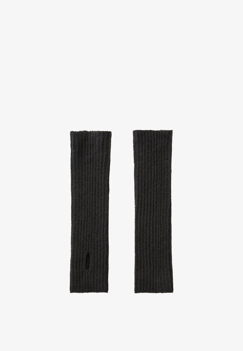 Ribbed černé zápěstní chrániče vyrobené z měkké tkaniny, s otvorem na palec. Odolný a pružný design pro pohodlí.