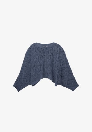 Cardigan tricotat în albastru închis, cu un front deschis, model din dantelă și mâneci largi. Cinci nasturi în față completează designul.