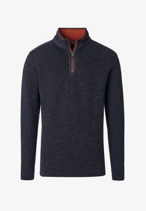 Navyblauer Pullover mit halbem Reißverschluss, gerippter Textur, kontrastierender orangefarbener Innenkragen und langen Ärmeln.