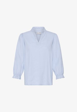 Light blue long-sleeve blouse with a small ruffled collar, V-neckline, and gathered cuffs, displayed on a white background.