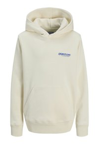 Cremefarbener Hoodie mit einer Kordelzugkapuze, Taschen vorne und einem blauen Logo auf der linken Brust. Hergestellt aus weichem, glattem Stoff.