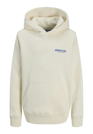 Haut à capuche de couleur crème avec un cordon de serrage, une poche avant et un logo bleu sur la poitrine gauche. Fabriqué en tissu doux et lisse.