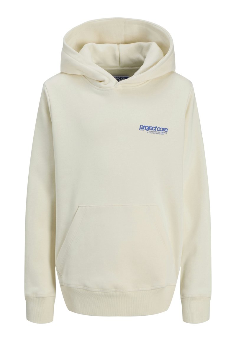 Cremefarbener Hoodie mit einer Kordelzugkapuze, Taschen vorne und einem blauen Logo auf der linken Brust. Hergestellt aus weichem, glattem Stoff.