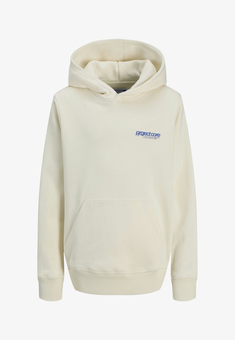 Kremkrāsas kapuce ar auklu, priekšējo kabatu un zilu logo kreisajā krūtī. Izgatavota no mīksta, gluda auduma.