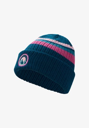 Knit beanie in teal with horizontal stripes in pink and blue. Features a ribbed texture and a logo patch on the folded brim.