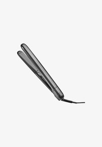 Plancha de pelo con un diseño negro elegante, placas de cerámica suaves y un cable de alimentación. Cuenta con botones de control en el mango.