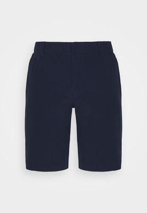 Marineblaue knielange Shorts mit elastischem Bund, Gürtelschlaufen und flachem Frontdesign, auf schlichtem Hintergrund dargestellt.