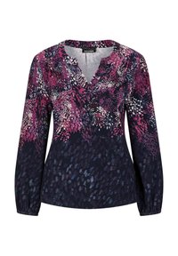 Langetermijn blouse in donkerblauw met een bloemenpatroon in tinten van roze, wit en teal. Heeft een v-hals en geplooide mouwen.