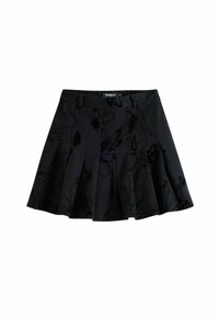 Jupe plissée noire avec un motif floral, fabriquée à partir d'un tissu texturé. Dotée d'une taille élastique et d'une fermeture éclair invisible.