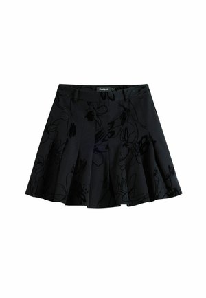 Gonna nera plissettata con un motivo floreale, realizzata in un tessuto testurizzato. Presenta una vita e una chiusura con zip nascosta.