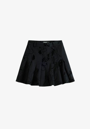 Schwarzer plissierter Rock mit floralem Muster, aus einem strukturierten Stoff gefertigt. Verfügt über einen Bund und einen versteckten Reißverschluss.