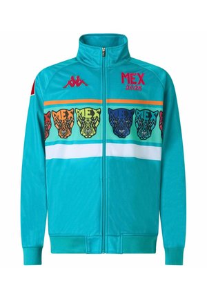 Giacca da track con zip di colore blu chiaro, caratterizzata da un audace design a righe con grafiche di animali a motivo, dettagli rossi e testo ricamato.