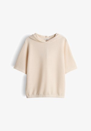 Cremefarbener Strick-Hoodie mit kurzen Ärmeln, strukturiertem Waffelmuster und elastischem Saum, auf weißem Hintergrund präsentiert.