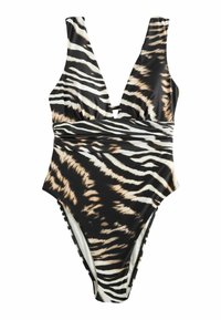 Black and white zebra stripe one-piece swimsuit with a deep v-neck, wide straps, and gathered waist detail. Smooth fabric texture.