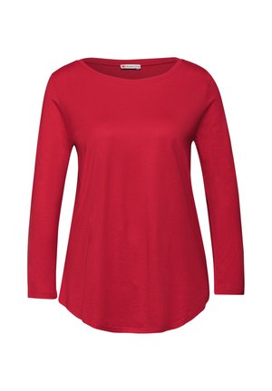 Rotes Langarm-T-Shirt aus weichem Baumwollmaterial. Mit einem runden Halsausschnitt und einem leicht abgerundeten Saum. Einfaches, einfarbiges Design.