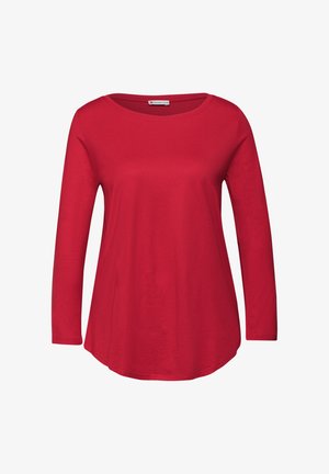 Rotes Langarm-T-Shirt aus weichem Baumwollmaterial. Mit einem runden Halsausschnitt und einem leicht abgerundeten Saum. Einfaches, einfarbiges Design.