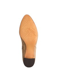 Brown suede shoe with a pointed toe and smooth tan rubber sole. Features textured grip pattern on the sole and a black heel accent. Size 37.