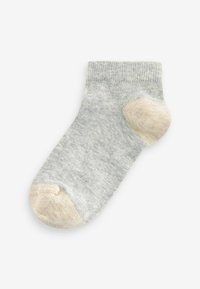 Chaussette en coton gris clair avec un orteil et un talon beige. Bord-côte et texture douce, conçue pour le confort et la facilité de port.