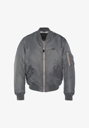 Graue Bomberjacke aus glänzendem Nylon mit Reißverschluss vorne, gerippten Bündchen, Seitentaschen und einer aufgenähten Tasche am linken Ärmels.