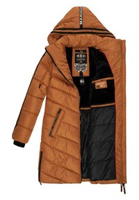 Brown puffer jacket with a hood, featuring a textured exterior, diagonal stitching, zippered and pocket details, black interior lining.