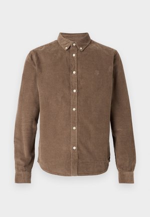 Braune Cordhemd mit langen Ärmeln, Button-Down-Kragen, vorderer Knopfverschluss und subtiler Logo-Stickerei auf der Brust.