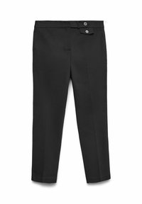 Pantalones negros ajustados con una cintura alta, dos bolsillos frontales, piernas recortadas y un cierre asimétrico con botones en la cinturilla.