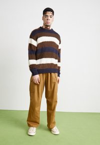 Gestreifter Pullover in Braun, Creme und Marineblau mit strukturiertem Strick. Kombiniert mit lässigen, beigefarbenen Cargo-Hosen und weißen Sneakers. Grüner Boden-Hintergrund.