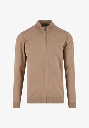 Svetra svetlo rjave barve z dolgimi rokavi in zadrgo, z visokim ovratnikom ter rebrastimi manšetami in robom, prikazan na ravni površini na belem ozadju.