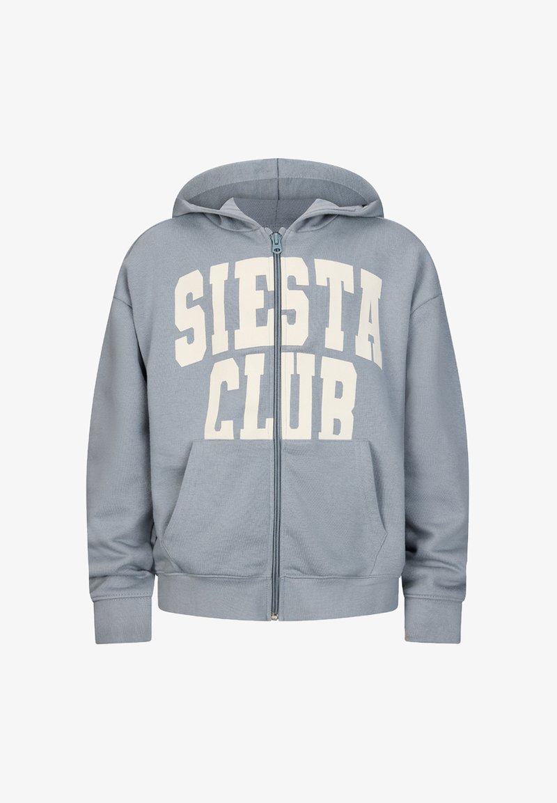 Sweat à capuche zippé bleu clair avec poche avant et texte blanc en gras "SIESTA CLUB" sur la poitrine, doté d'une capuche et de manches longues.