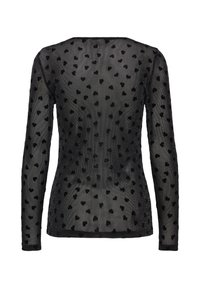 Sort gennemsigtig langærmet top med små velvet hjerte-mønstre fordelt jævnt over stoffet, vist fra bagsiden.