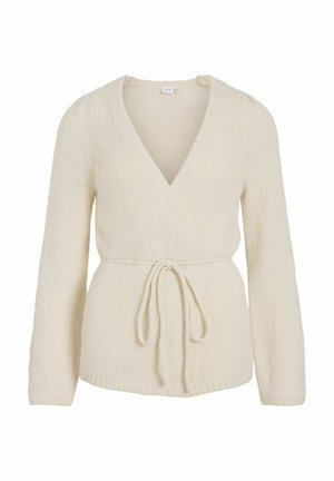 Omslagstrøje i blødt, cremet stof med dyb V-hals, lange ærmer og bindebånd i taljen. Tekstureret finish over det hele.