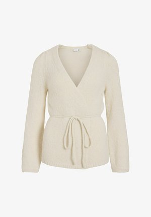 Omslagstrøje i blødt, cremet stof med dyb V-hals, lange ærmer og bindebånd i taljen. Tekstureret finish over det hele.