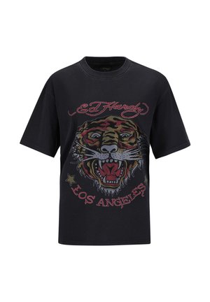 T-shirt noire à manches courtes avec un motif de tigre coloré et le texte "Ed Hardy Los Angeles", orné de strass.