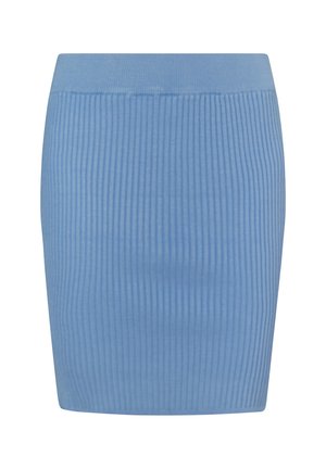 Helle blaue, gerippte Strickrock mit taillierter Silhouette und elastischem Bund, der vertikale Linien im Stoffmuster aufweist.