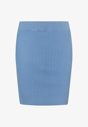 Világoskék bordázott kötött szoknya testhez simuló szabással és rugalmas derékkal, függőleges csíkokkal a szövet textúráján.