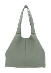 Sac fourre-tout en cuir vert doux avec deux larges poignées, un haut arrondi et une finition texturée. Présente une couture au milieu pour le design.