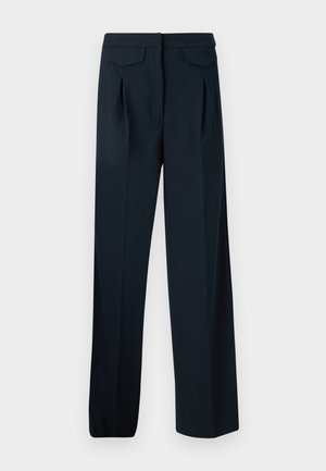 Pantaloni blu navy con design sartoriale, due pieghe frontali e due tasche posteriori. Realizzati in un tessuto liscio con un taglio dritto.
