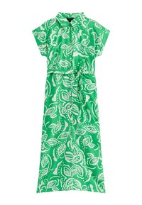 Vihreä mekko, jossa on lyhyet hihat, napitettava kaulus ja solmimisvyö. Sisältää valkoisia lehtikuvioita ja sileän, valuavan kankaan tekstuurin.