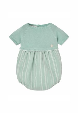 Combinaison bébé vert clair avec manches courtes tricotées et bas rayé texturé, avec un petit bouton décoratif rond sur la poitrine.