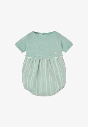 Combinaison bébé vert clair avec manches courtes tricotées et bas rayé texturé, avec un petit bouton décoratif rond sur la poitrine.
